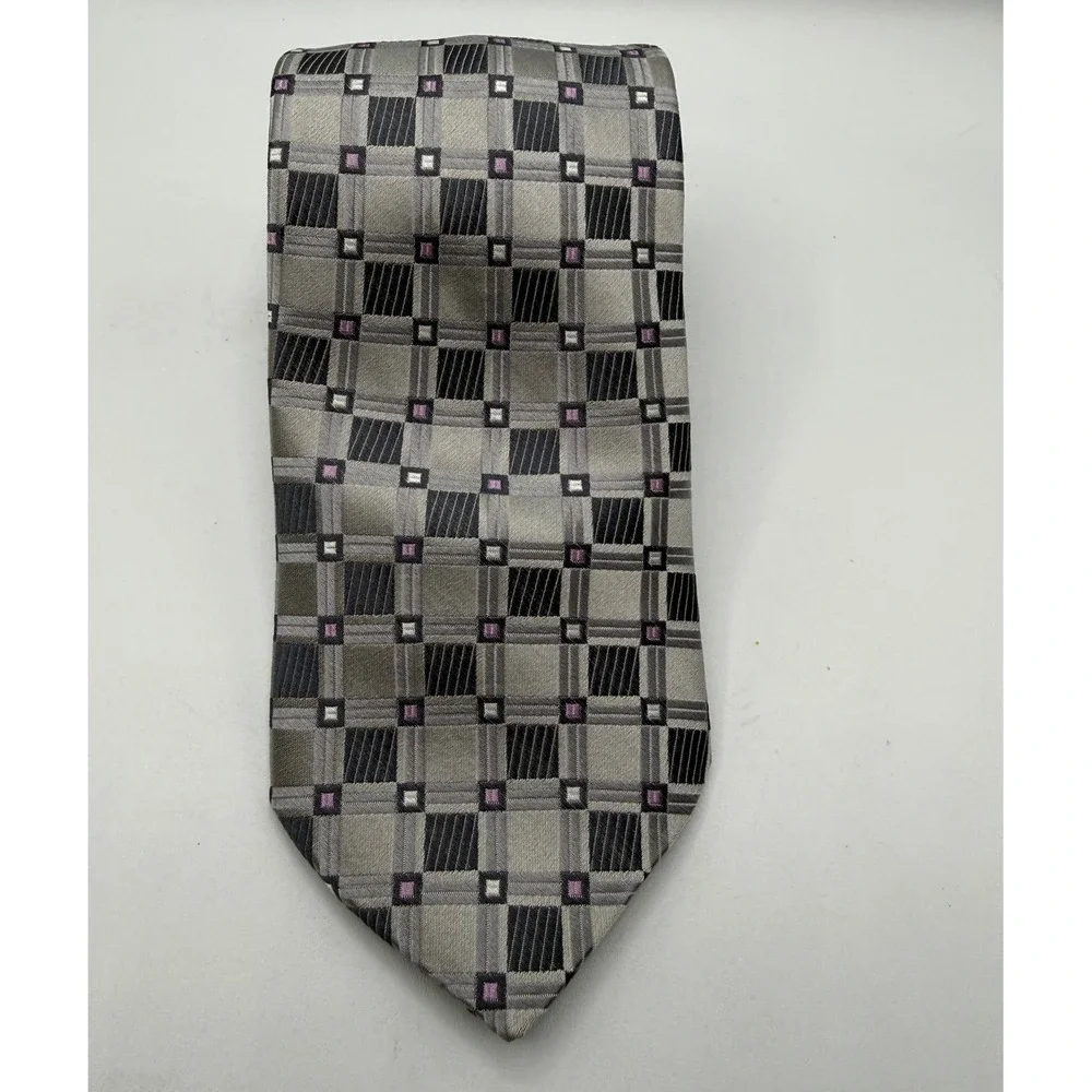 Nicole Miller Col. Men Grey Black Purple‎ Geometric Grid Woven Classic Necktie